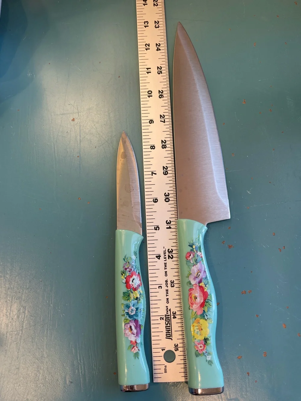 Pioneer Woman Floral Knife Set – 2 Piece, Teal Handles with Plastic Sheaths
